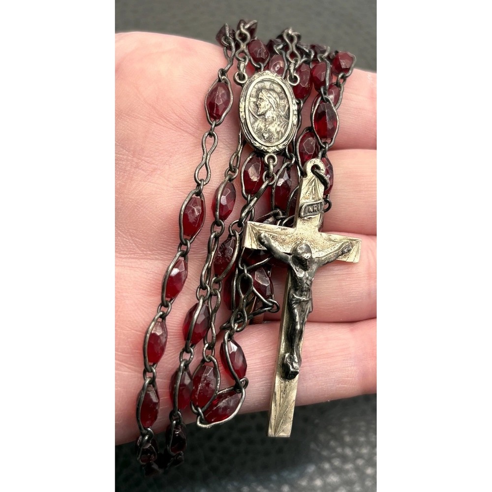 VTG Sterling Silver HMH Maker Rosary Red Faceted Glass Beads Cross Crucifix 28"